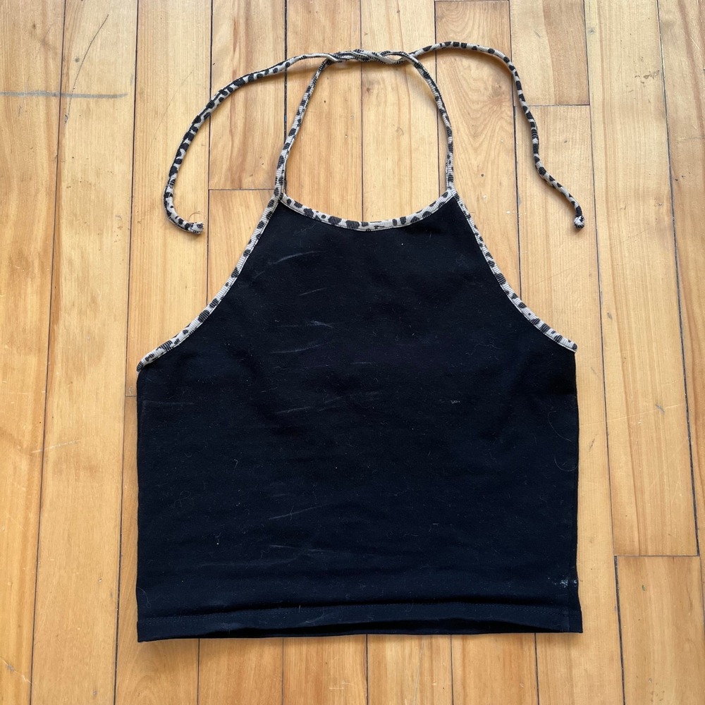 Brandy Melville Black Leopard Trim Halter Crop Top Tank Women
